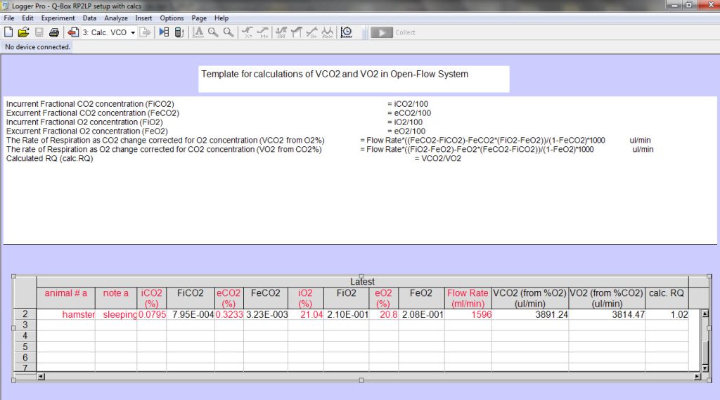 calculation template page for VCO2 and VO2 determinations in an open flow system.